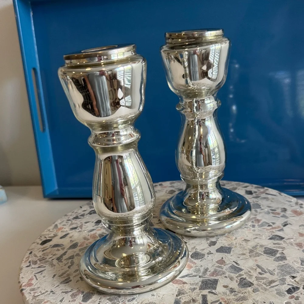 Mercury Glass Turned Style Antique Inspired Candle Sticks (2)